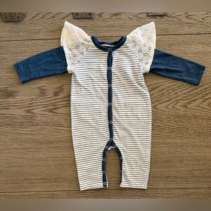 7 For All Mankind Striped Girls Romper with Lace Ruffles